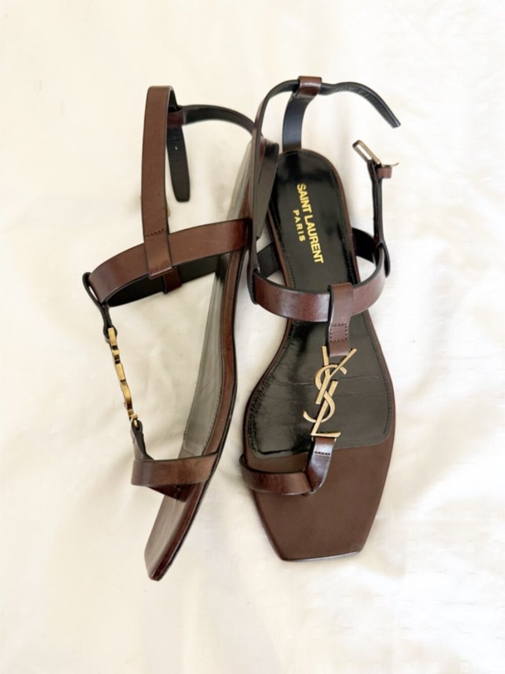 Saint Laurent Cassandra YSL Logo T Strap Toe Ring Sandal Brown Size 39.5 - Picture 12 of 16